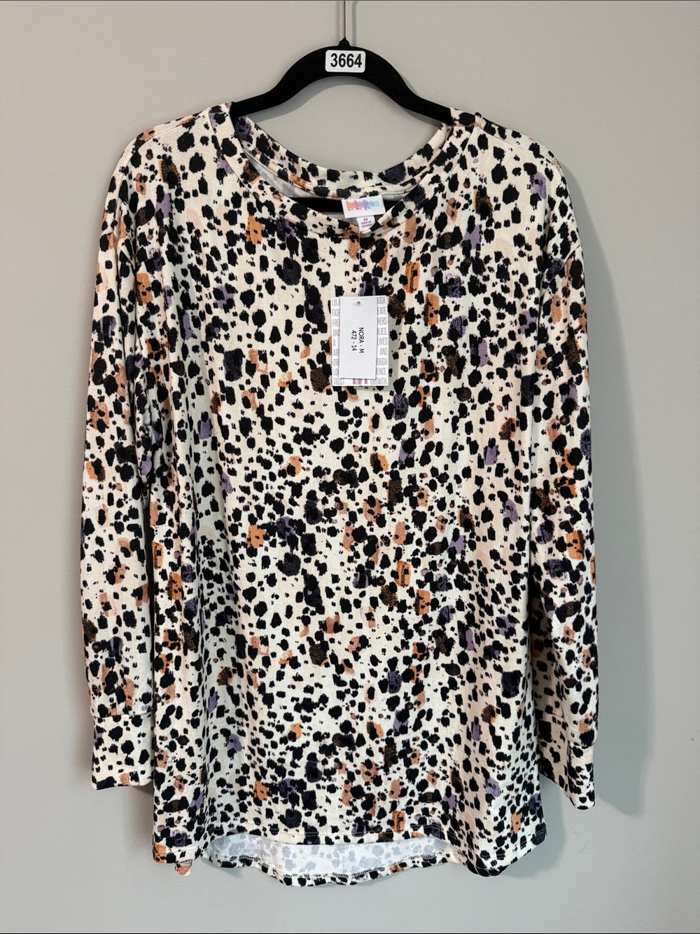 LuLaRoe Cream Long Sleeve Tee with Black, Brown & Purple Spot Print